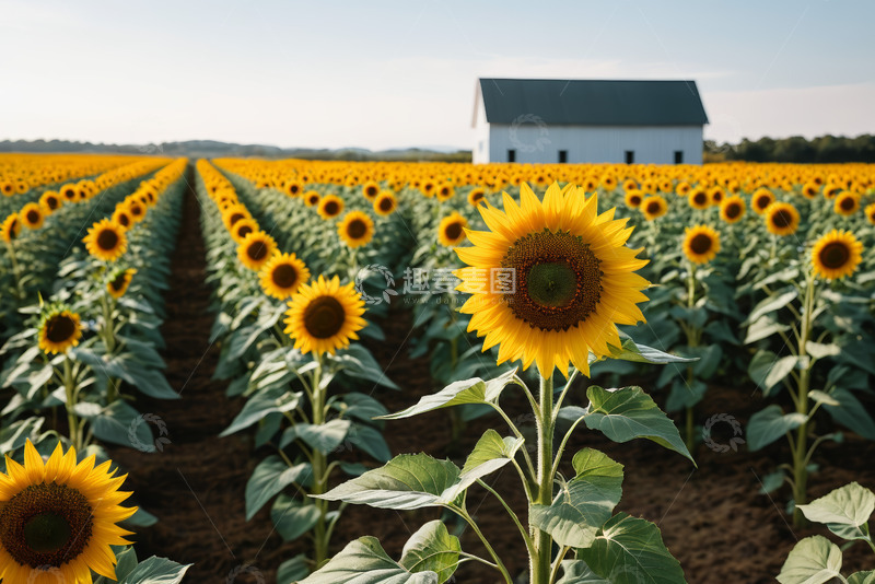 高清大图下载【趣麦麦图】向日葵农田与远处农舍景观