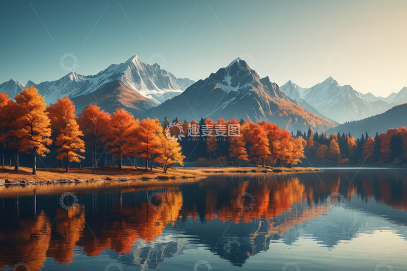 高清大图下载【趣麦麦图】秋日山林湖泊与雪山美景