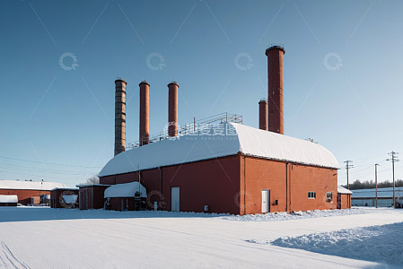 雪后工厂建筑与烟囱景观