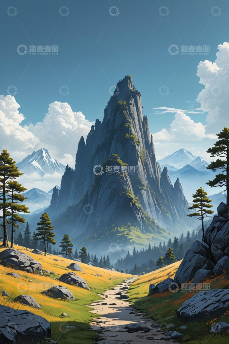 高清大图下载【趣麦麦图】山间小径与巍峨山峰风景