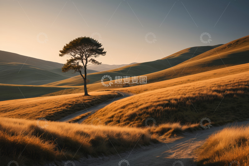 高清大图下载【趣麦麦图】草原上孤独树木与蜿蜒小路