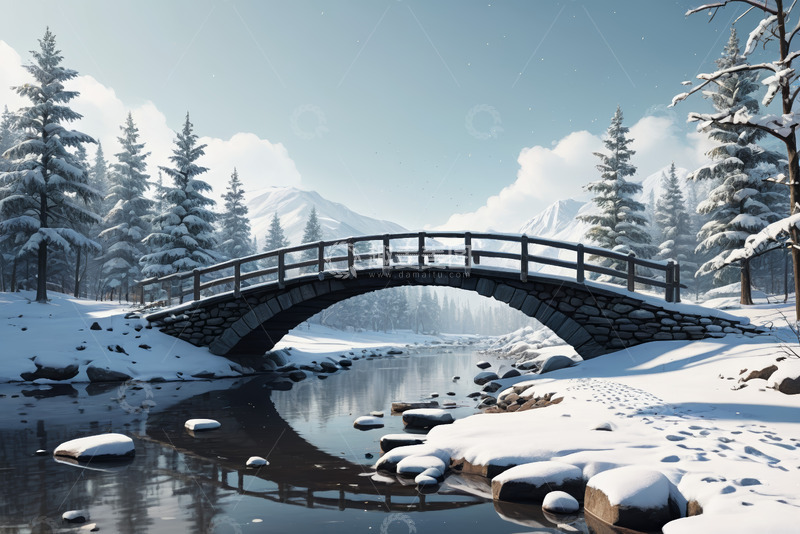 高清大图下载【趣麦麦图】雪后森林中的石拱桥风景