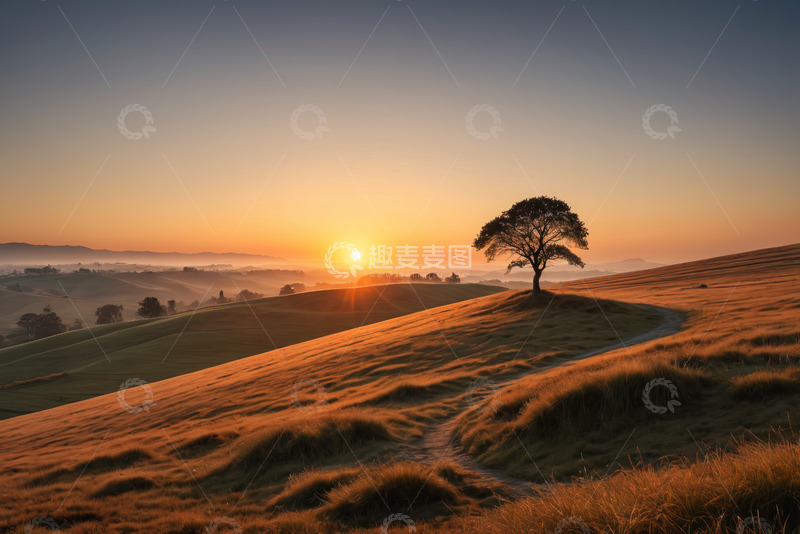 高清大图下载【趣麦麦图】原野日落孤树风景