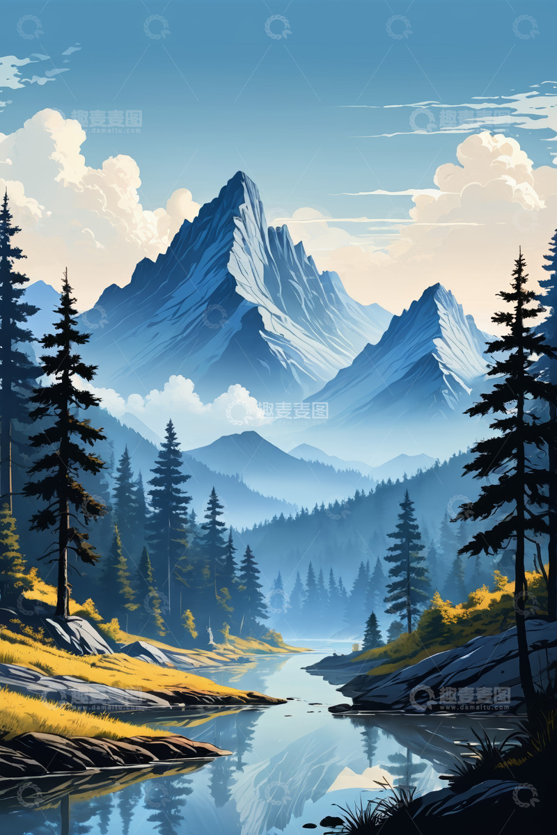 高清大图下载【趣麦麦图】山林间河流与远山风景