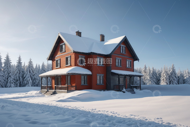 高清大图下载【趣麦麦图】雪覆盖的红色独栋小屋
