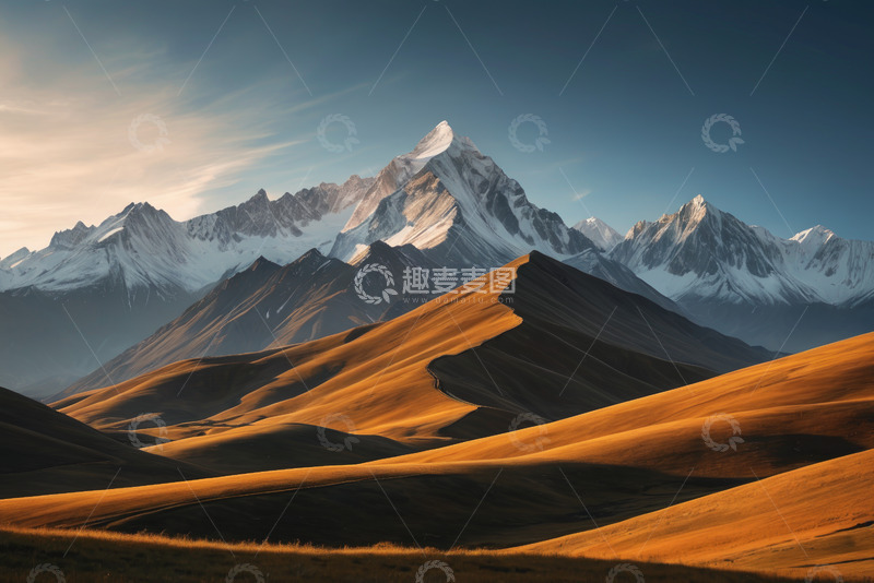 高清大图下载【趣麦麦图】雪山与金色山丘自然风光