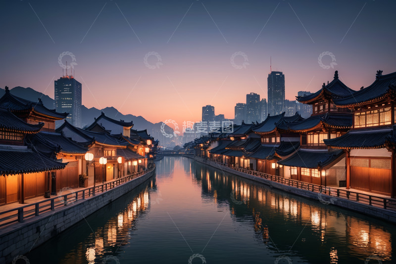 高清大图下载【趣麦麦图】古风建筑与城市夜景河畔风光