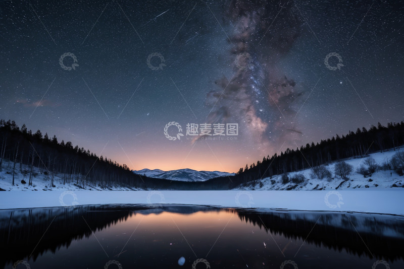 高清大图下载【趣麦麦图】雪夜星空下的静谧湖泊
