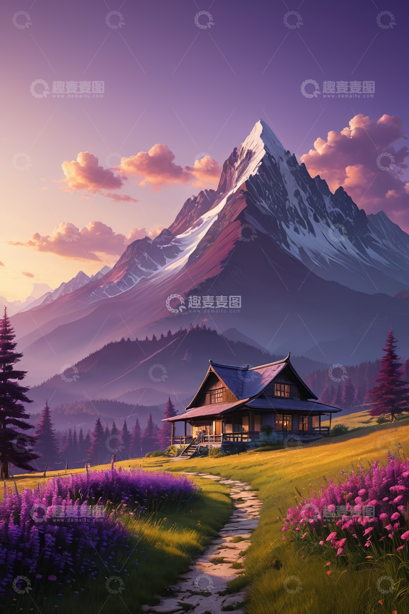 高清大图下载【趣麦麦图】山间小屋与壮丽山景