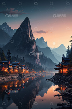 古风山水间的中式村落夜景