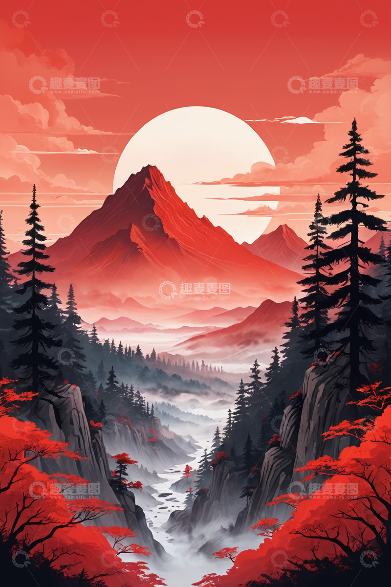 高清大图下载【趣麦麦图】红日下的山林自然风光