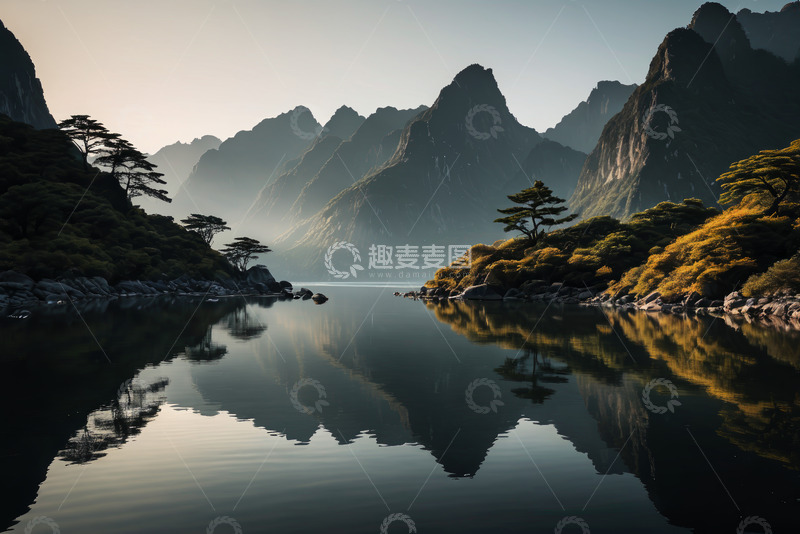 高清大图下载【趣麦麦图】山水相依的静谧湖景