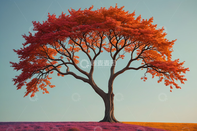 高清大图下载【趣麦麦图】田野中红叶大树风景