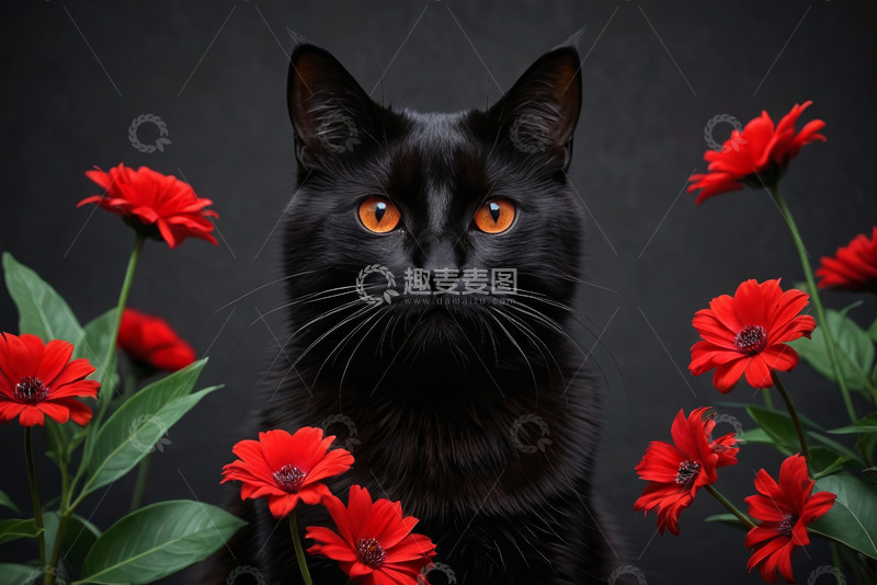 高清大图下载【趣麦麦图】黑猫与红色花卉特写