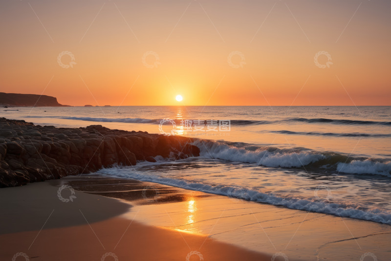 高清大图下载【趣麦麦图】海滩日落时分海浪拍打景象