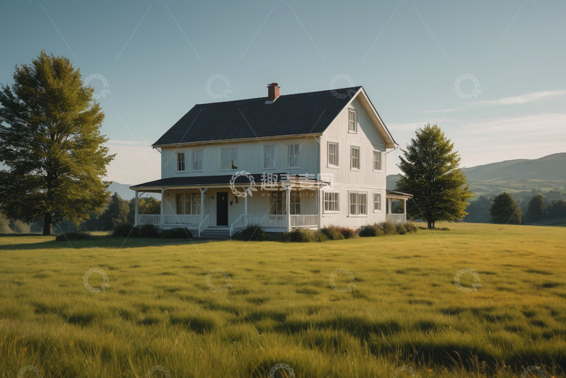 高清大图下载【趣麦麦图】原野上的白色独栋房屋