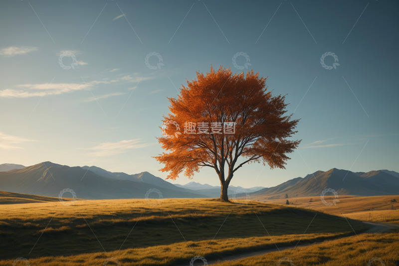 高清大图下载【趣麦麦图】原野中橙叶树与远山风景