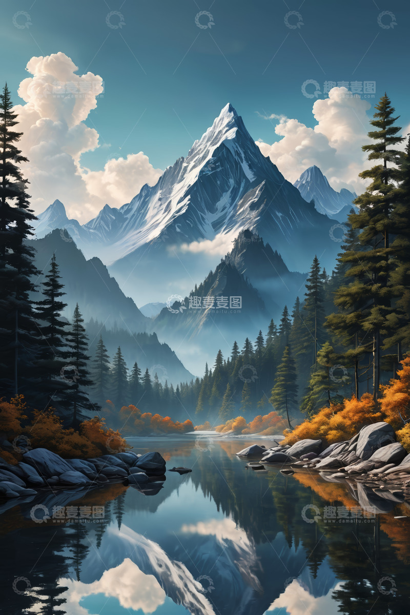 高清大图下载【趣麦麦图】山林间湖泊与巍峨雪山景观