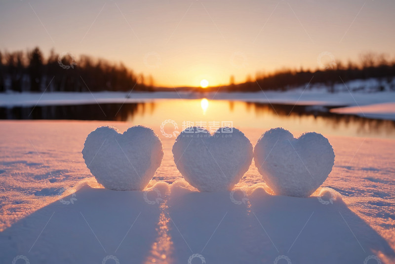 高清大图下载【趣麦麦图】雪地爱心造型与夕阳湖景