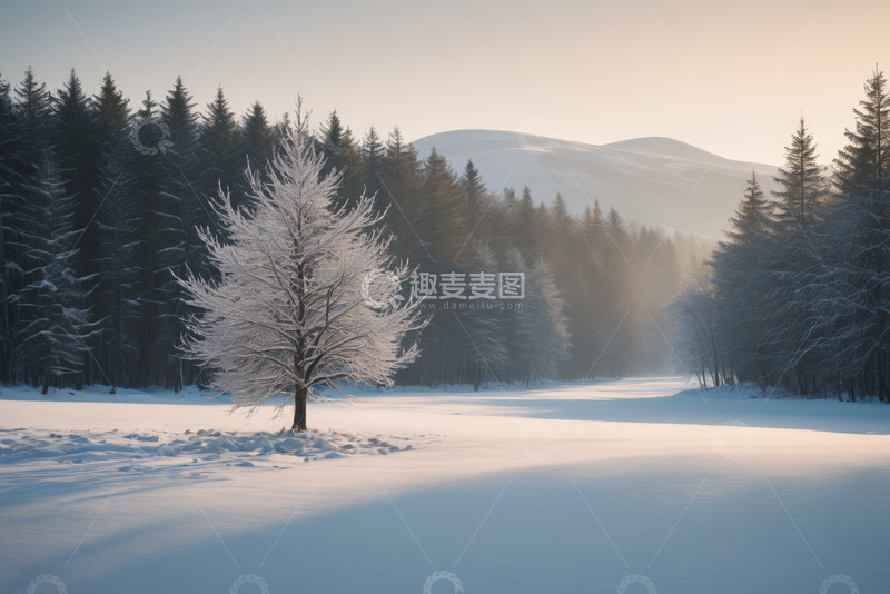 高清大图下载【趣麦麦图】雪地中覆雪树木与森林景观