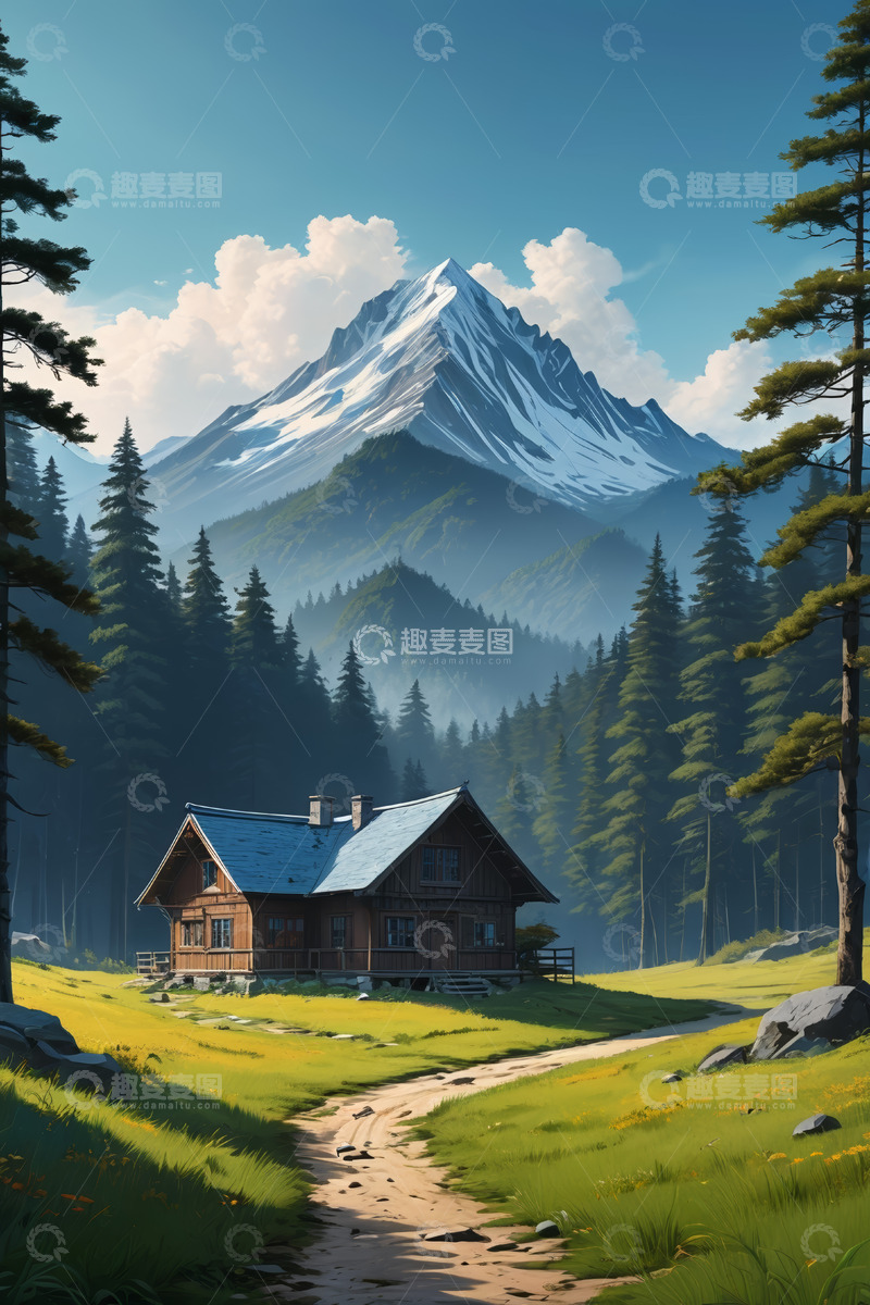 高清大图下载【趣麦麦图】山林间的木屋风景