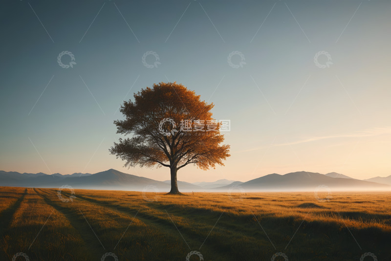 高清大图下载【趣麦麦图】旷野中独树与远山风景