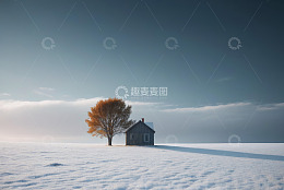 雪地中的小屋与孤树风景
