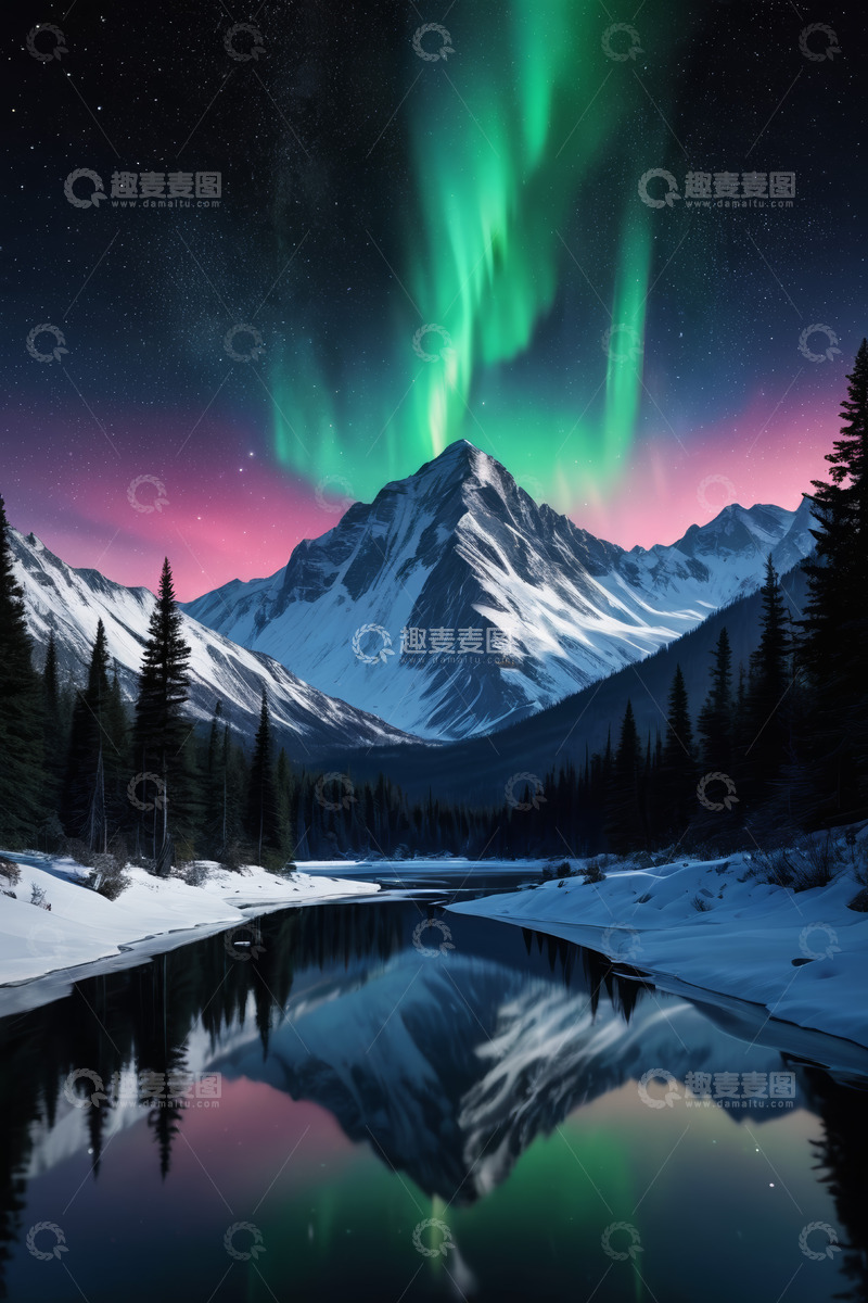 高清大图下载【趣麦麦图】雪山之上的极光夜景