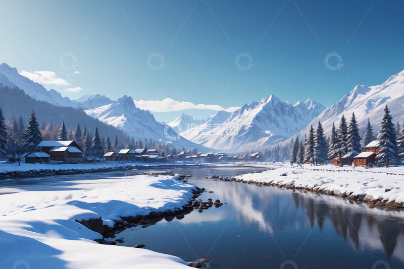 高清大图下载【趣麦麦图】雪山下的宁静村庄与河流景观