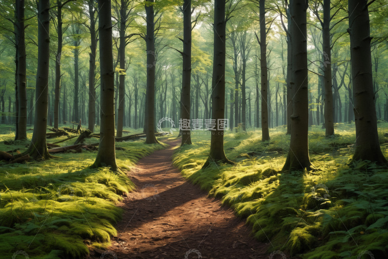 高清大图下载【趣麦麦图】阳光照耀下的森林小径景观