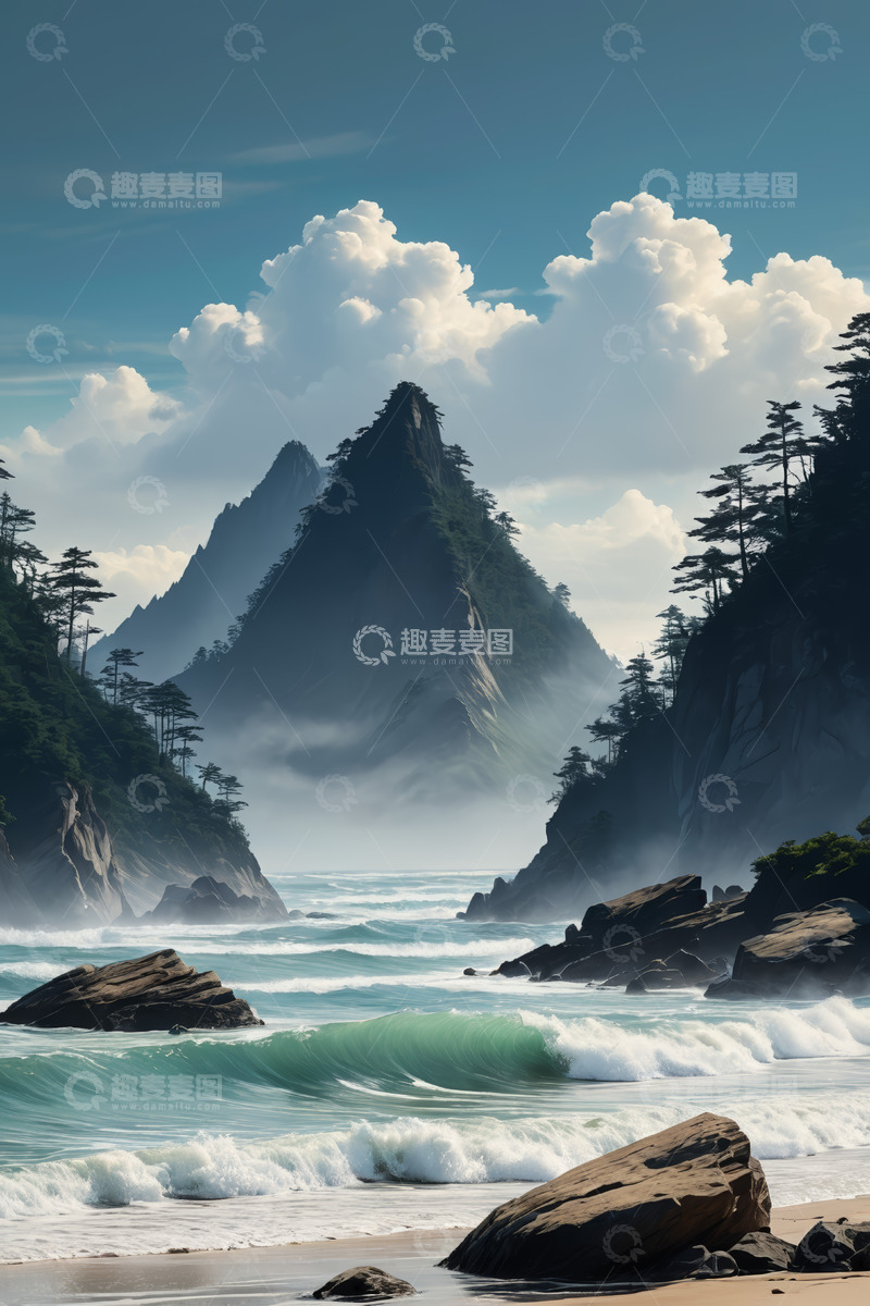 高清大图下载【趣麦麦图】山海景观海边礁石与白云