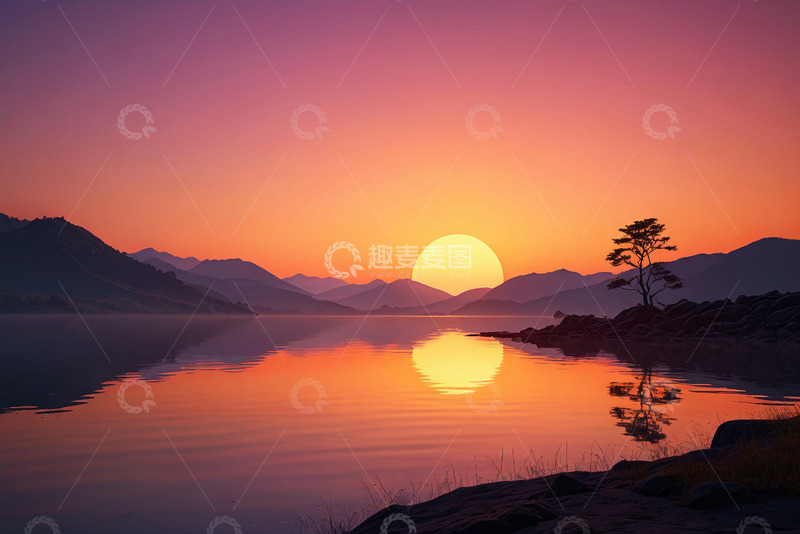 高清大图下载【趣麦麦图】山水间日落景观