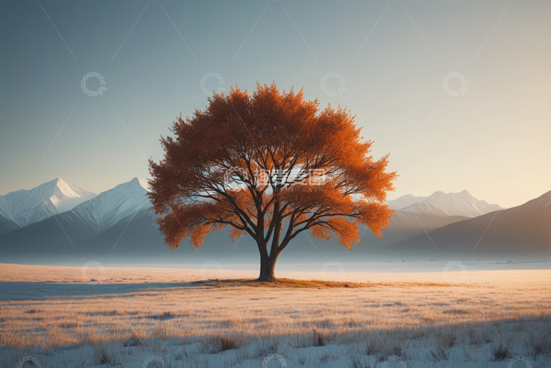 高清大图下载【趣麦麦图】原野中孤树与雪山远景