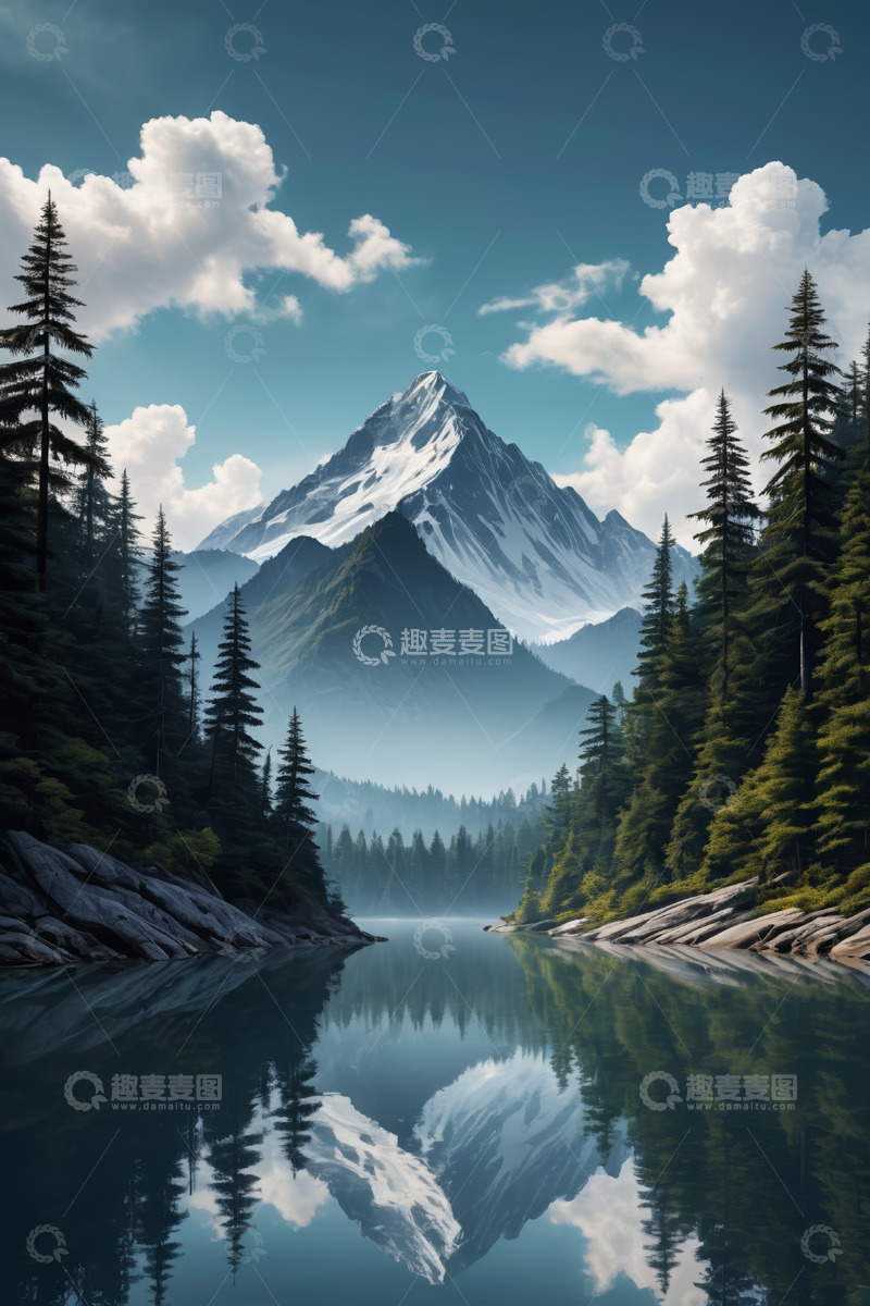 高清大图下载【趣麦麦图】山林间静谧湖泊与雪山景观