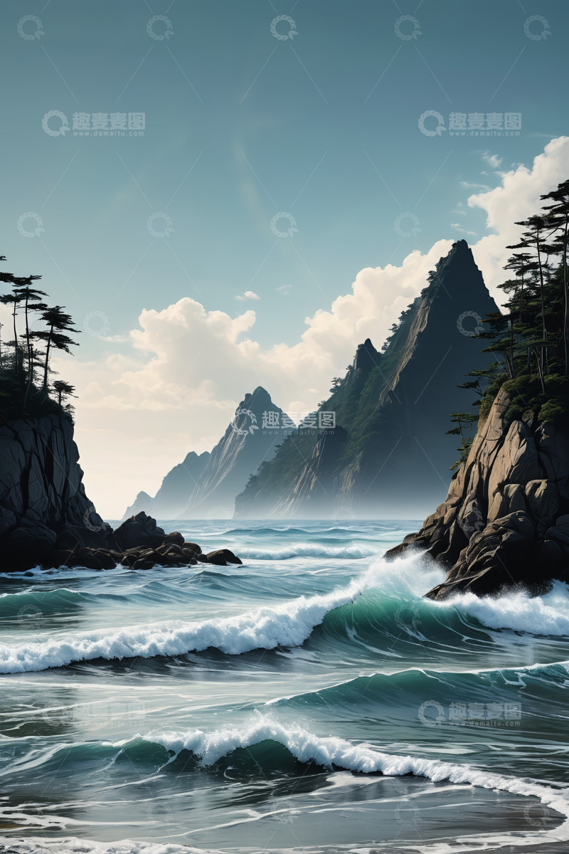 高清大图下载【趣麦麦图】山海相依海浪拍打岩石场景