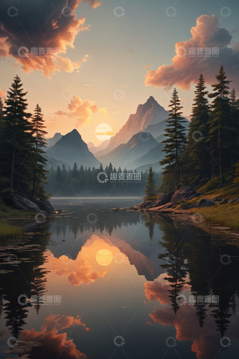 高清大图下载【趣麦麦图】山林湖泊日落自然景观