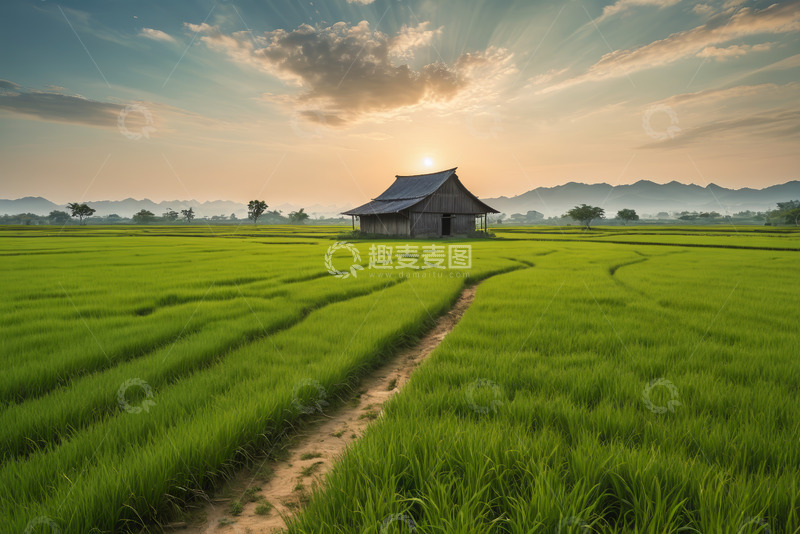 高清大图下载【趣麦麦图】田野中的木屋与绿色稻田