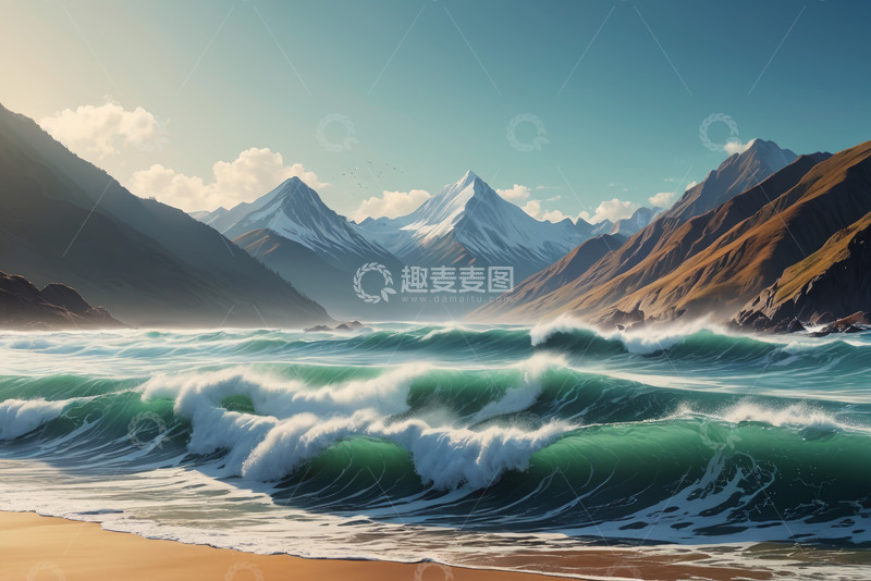 高清大图下载【趣麦麦图】海边起伏的波浪与远处雪山