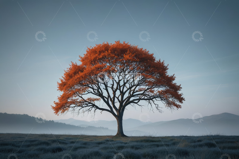 高清大图下载【趣麦麦图】旷野中橙红色独树远景