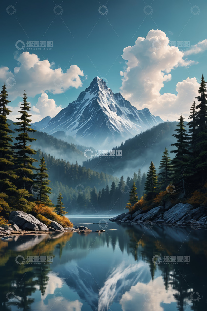 高清大图下载【趣麦麦图】山林湖泊与雪山自然景观