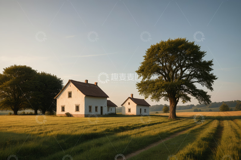 高清大图下载【趣麦麦图】田野中的乡村小屋与树木