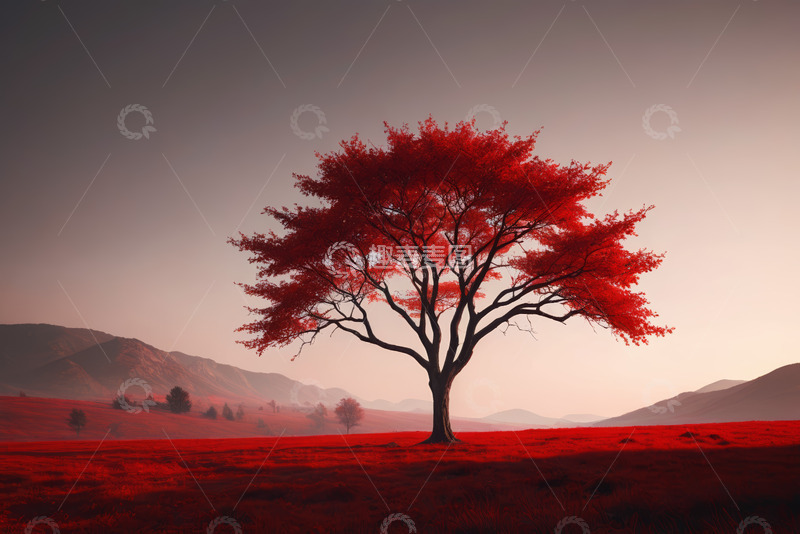 高清大图下载【趣麦麦图】旷野中独棵红树自然风光
