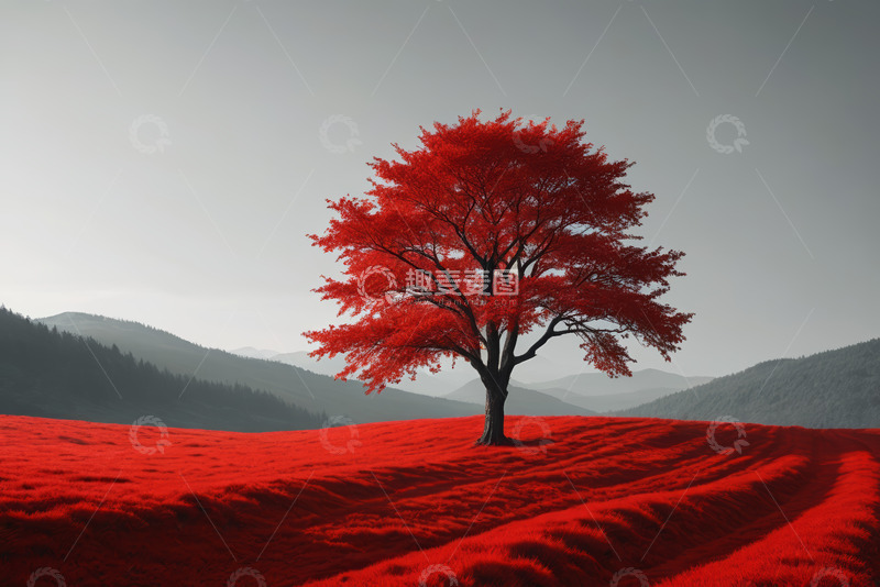 高清大图下载【趣麦麦图】红草地中的单棵红树风景