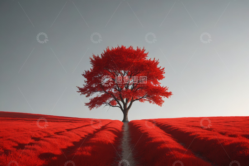 高清大图下载【趣麦麦图】红色草地中的孤树风景