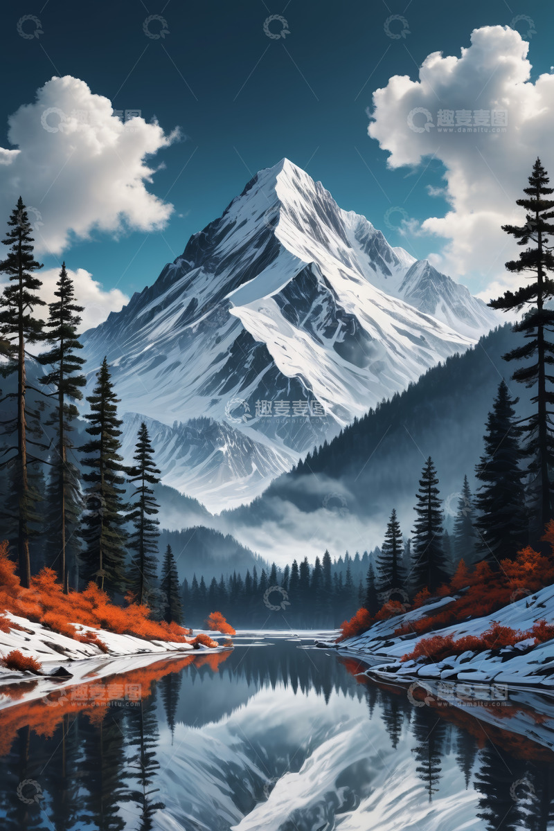 高清大图下载【趣麦麦图】雪山森林湖泊自然风光