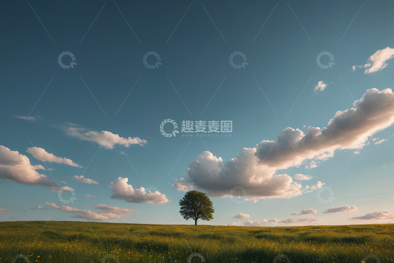 高清大图下载【趣麦麦图】草原上独立树木与蓝天白云