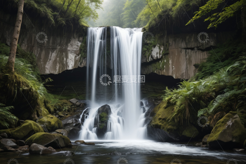 高清大图下载【趣麦麦图】森林中的瀑布自然景观