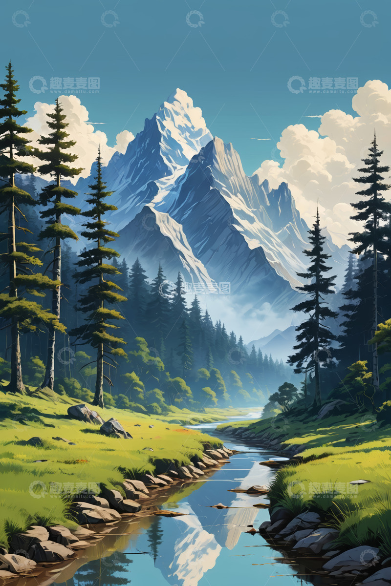 高清大图下载【趣麦麦图】山林间的溪流与雪山景观