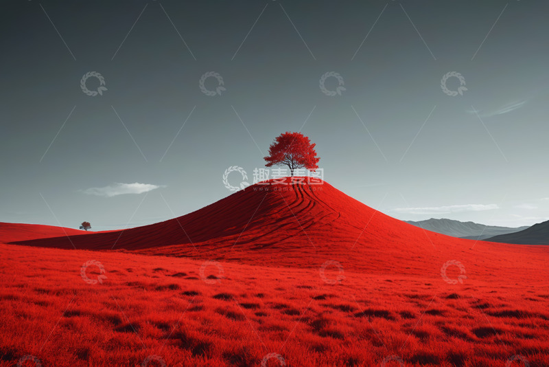 高清大图下载【趣麦麦图】红色原野上的孤树景观