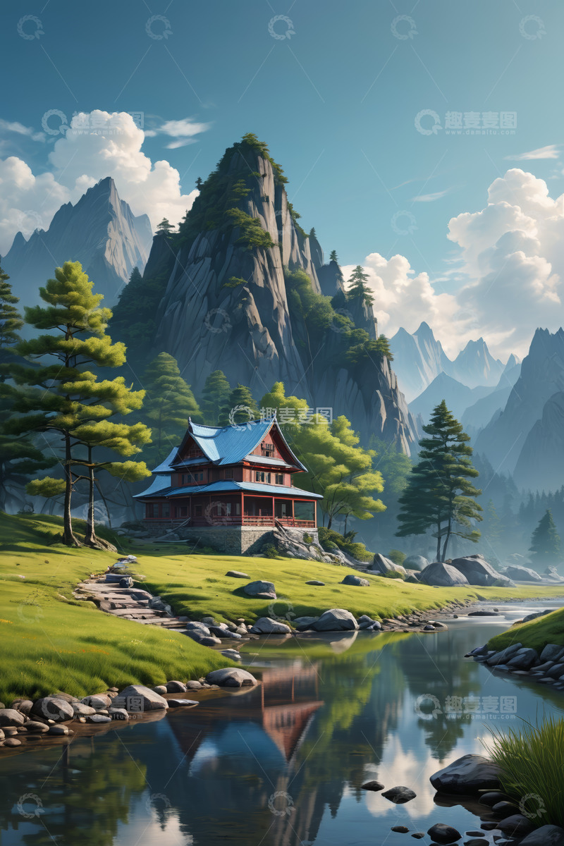 高清大图下载【趣麦麦图】山林间中式建筑自然风光